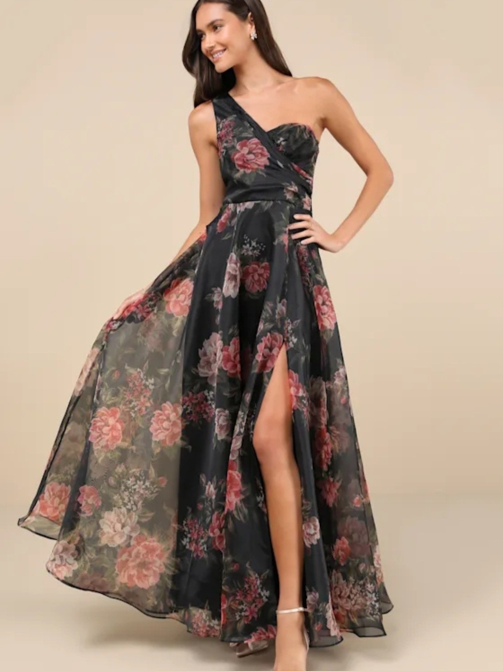 Lulu's Black One-Shoulder Floral Maxi Dress with Rose Print